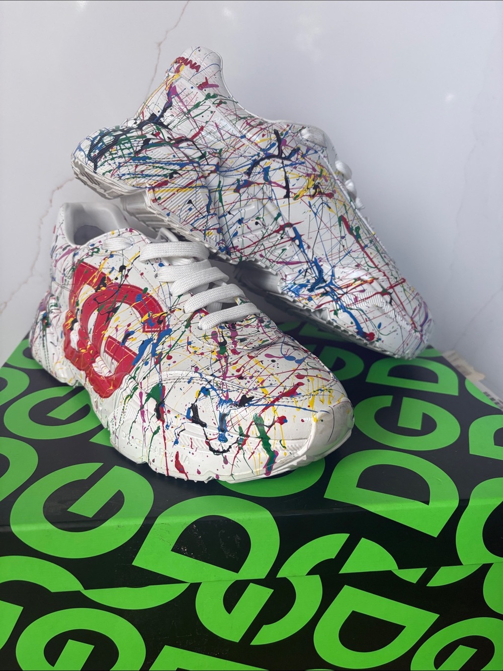Dolce & Gabbana White Sneakers with Red DG and Multicolor Paint Splatter